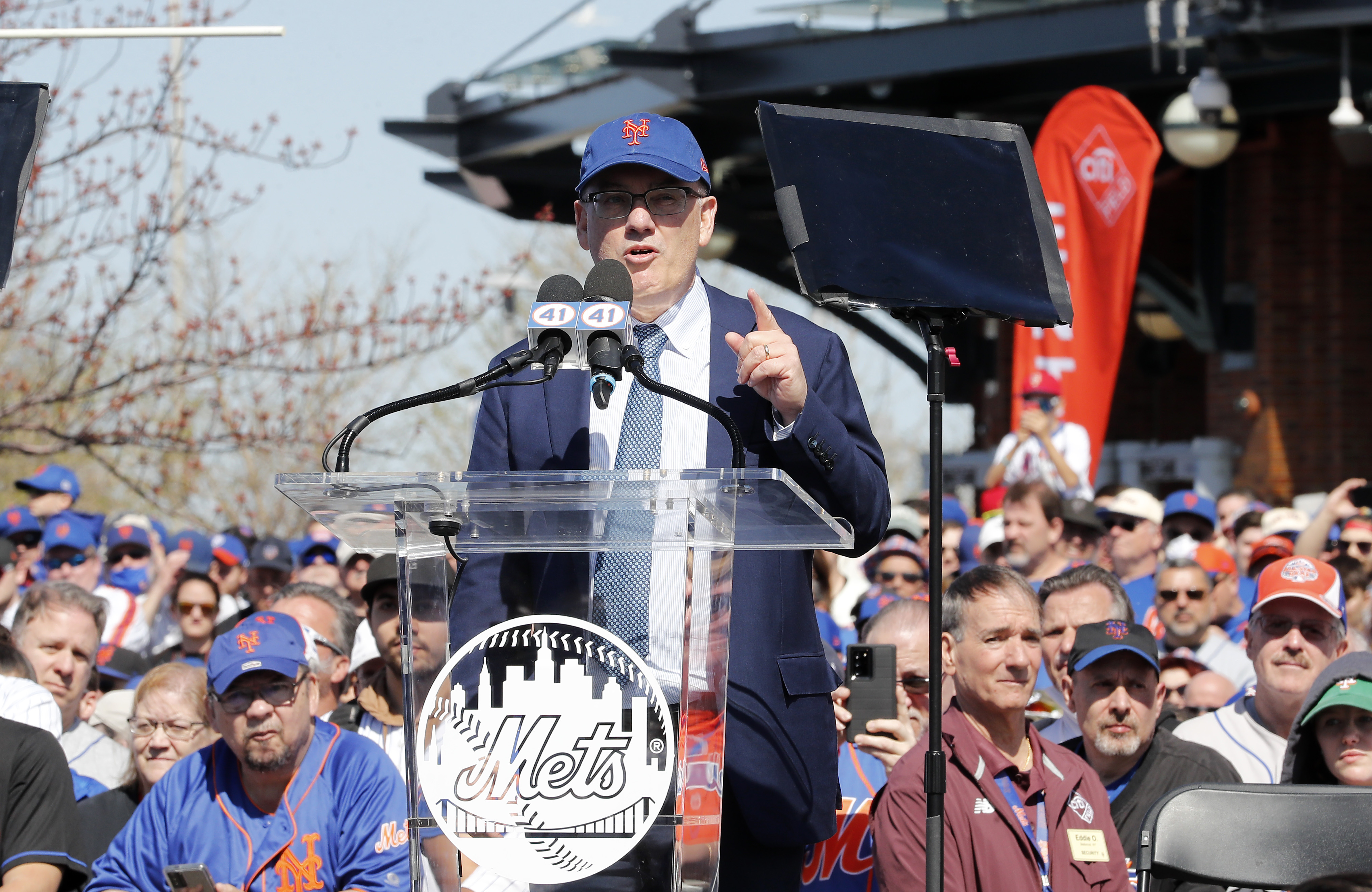 New York Mets owner Steven A. Cohen speaks at the Tom Seaver statue unveiling ceremony before a game against the Arizona Diamondbacks at Citi Field on April 15, 2022 in New York City. All players are wearing #42 in honor of Jackie Robinson Day. The Mets defeated the Diamondbacks 10-3.