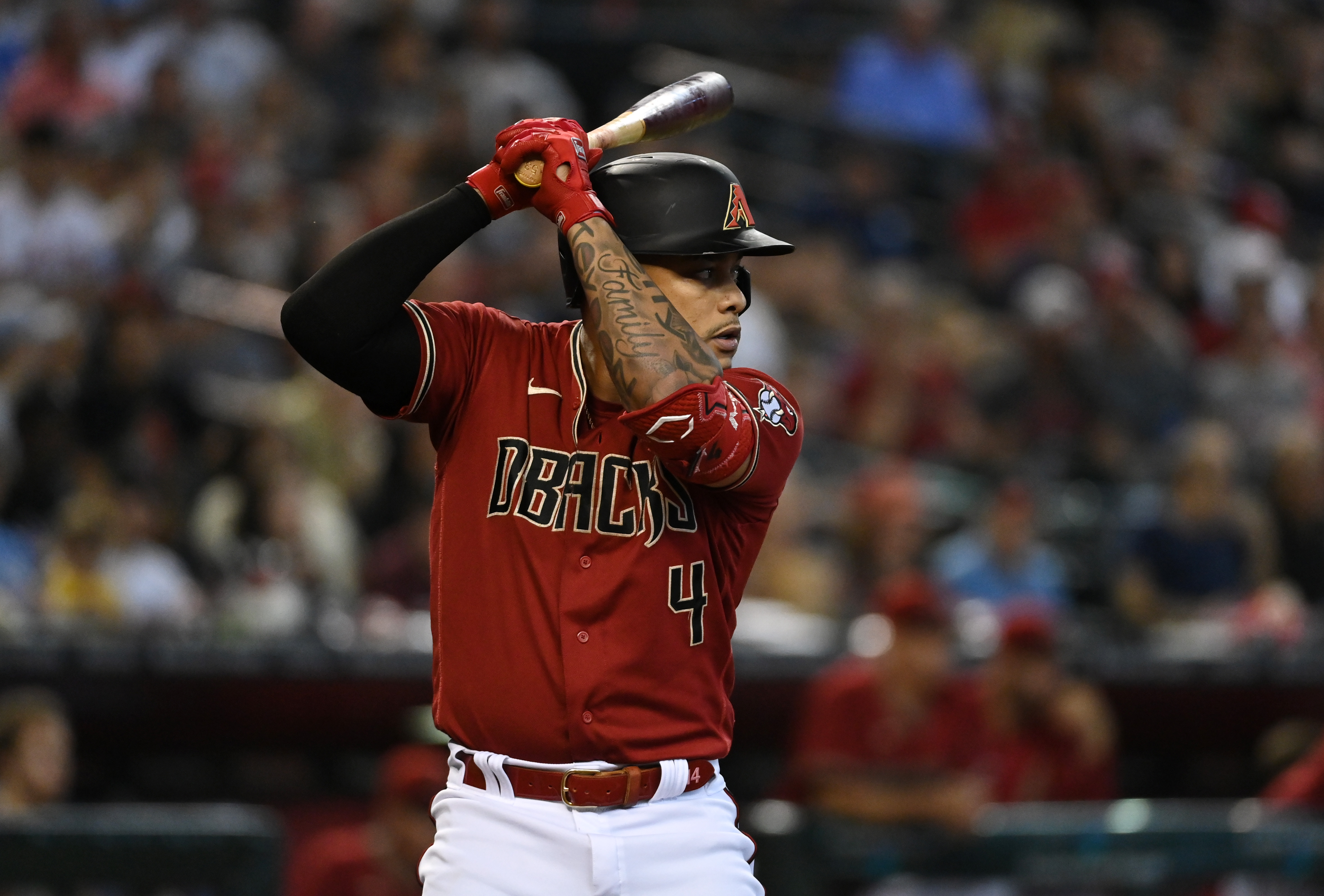 Ketel Marte #4 of the Arizona Diamondbacks gets ready in the batters box against the St Louis Cardinals at Chase Field.