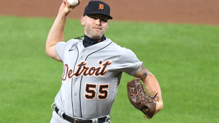 Alex Lange of the Detroit Tigers pitches during a baseball game against the Baltimore Orioles at Oriole Park at Camden Yards.