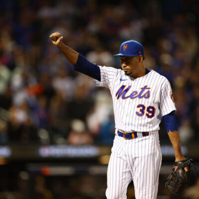 Edwin Diaz #39 of the New York Mets exits the game during the eighth inning against the San Diego Padres in game two of the Wild Card Series at Citi Field.