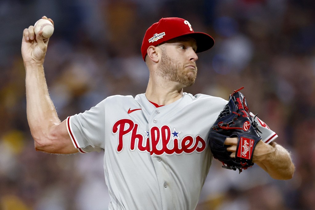 Zack Wheeler #45 of the Philadelphia Phillies pitches during the fourth inning against the San Diego Padres in game one of the National League Championship Series at PETCO Park.