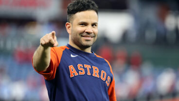 Jose Altuve #27 of the Houston Astros looks on during batting practice prior to Game Three of the 2022 World Series at Citizens Bank Park.
