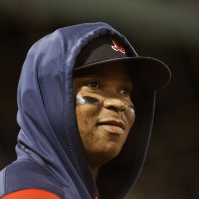 Rafael Devers of the Boston Red Sox looks on against the Tampa Bay Rays during the seventh inning at Fenway Park.