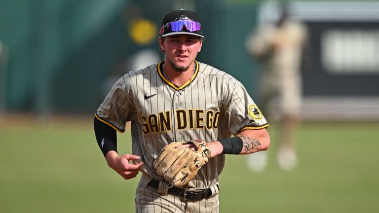 Jackson Merrill of the Peoria Javelinas runs off the field during a game against the Glendale Desert Dogs at Camelback Ranch.