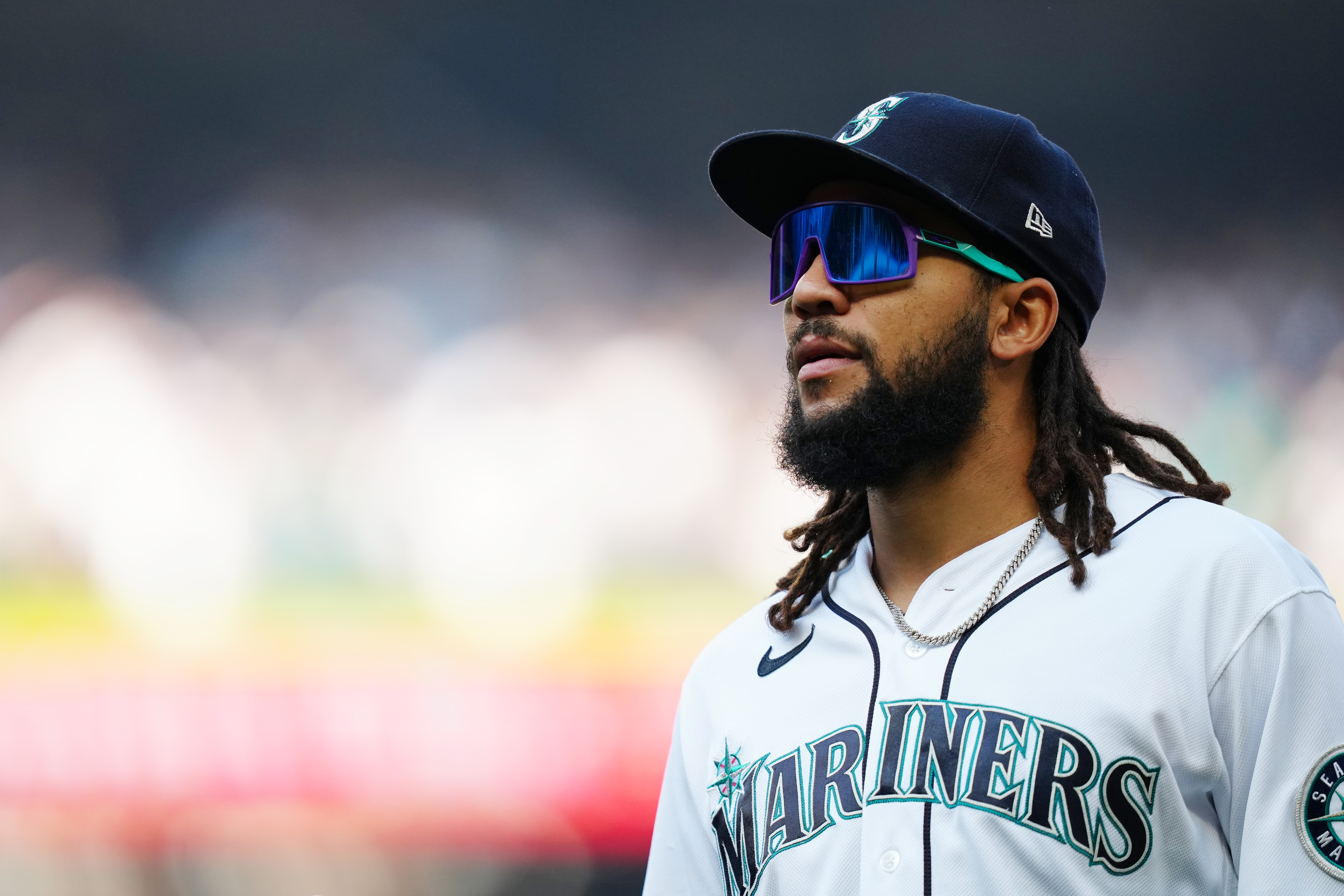 J.P. Crawford of the Seattle Mariners looks on during the game between the Houston Astros and the Seattle Mariners at T-Mobile Park.