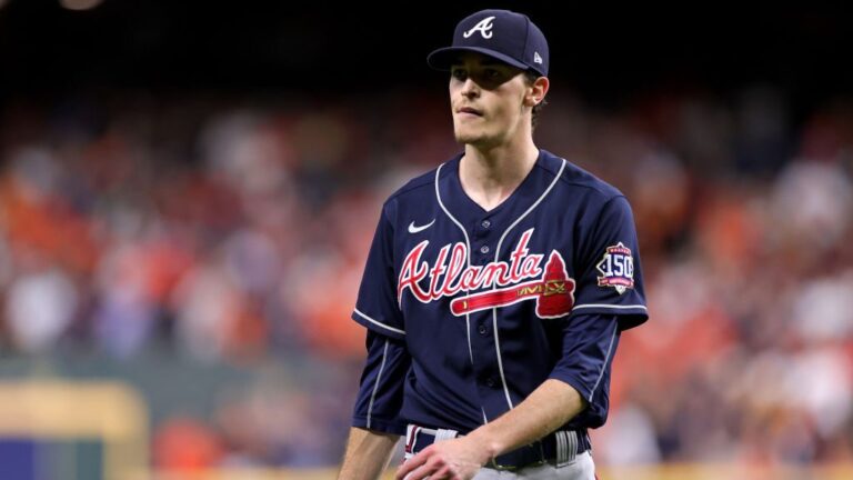Max Fried #54 of the Atlanta Braves reacts against the Houston Astros during the second inning in Game Two of the World Series.