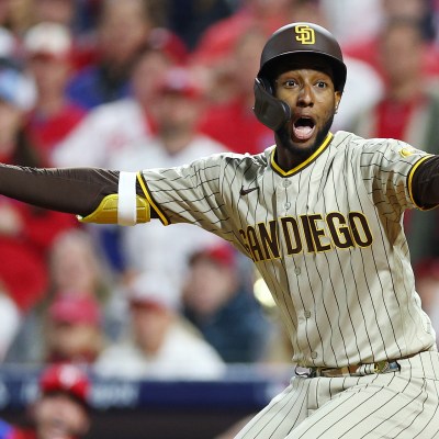 Jurickson Profar of the San Diego Padres reacts after being called for a strike on an attempted checked swing during the ninth inning against the Philadelphia Phillies in game three of the National League Championship Series at Citizens Bank Park.