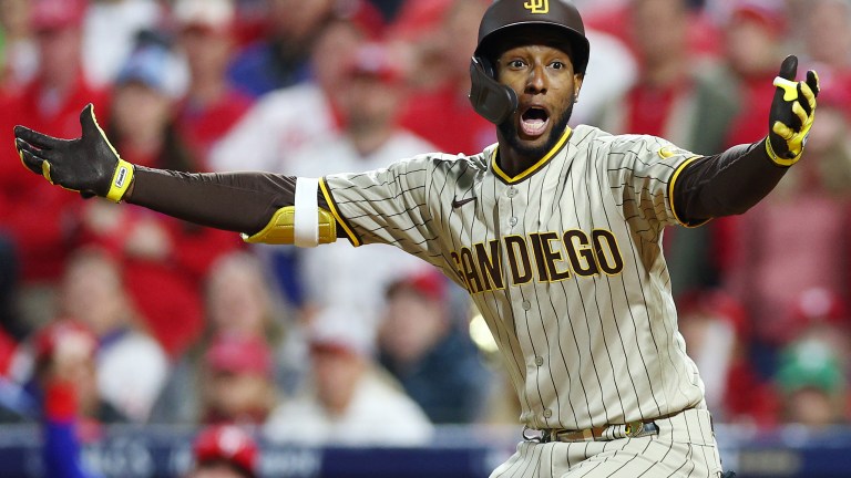 Jurickson Profar of the San Diego Padres reacts after being called for a strike on an attempted checked swing during the ninth inning against the Philadelphia Phillies in game three of the National League Championship Series at Citizens Bank Park.