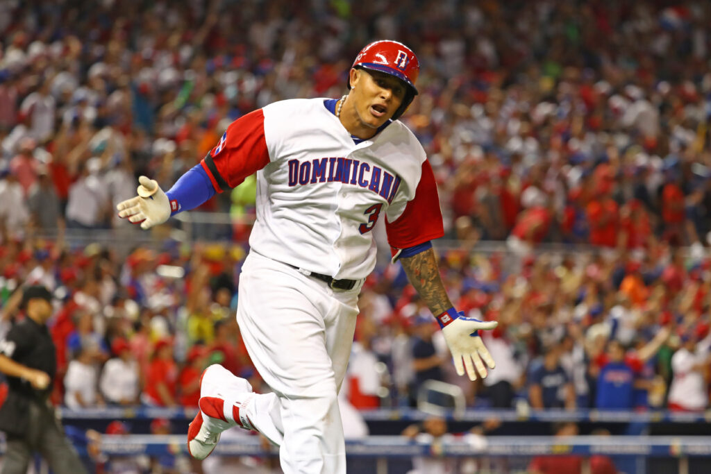 MIAMI, FL - MARCH 11: Manny Machado #3 of Team Dominican Republic reacts to hitting a solo home run in the sixth inning during Game 4 Pool C of the 2017 World Baseball Classic against Team USA on Saturday, March 11, 2017 at Marlins Park in Miami, Florida. (Photo by Alex Trautwig/WBCI/MLB via Getty Images)