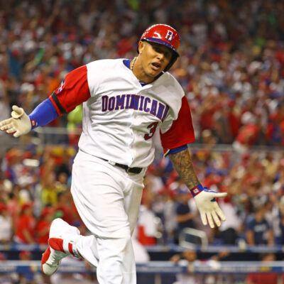MIAMI, FL - MARCH 11: Manny Machado #3 of Team Dominican Republic reacts to hitting a solo home run in the sixth inning during Game 4 Pool C of the 2017 World Baseball Classic against Team USA on Saturday, March 11, 2017 at Marlins Park in Miami, Florida. (Photo by Alex Trautwig/WBCI/MLB via Getty Images)