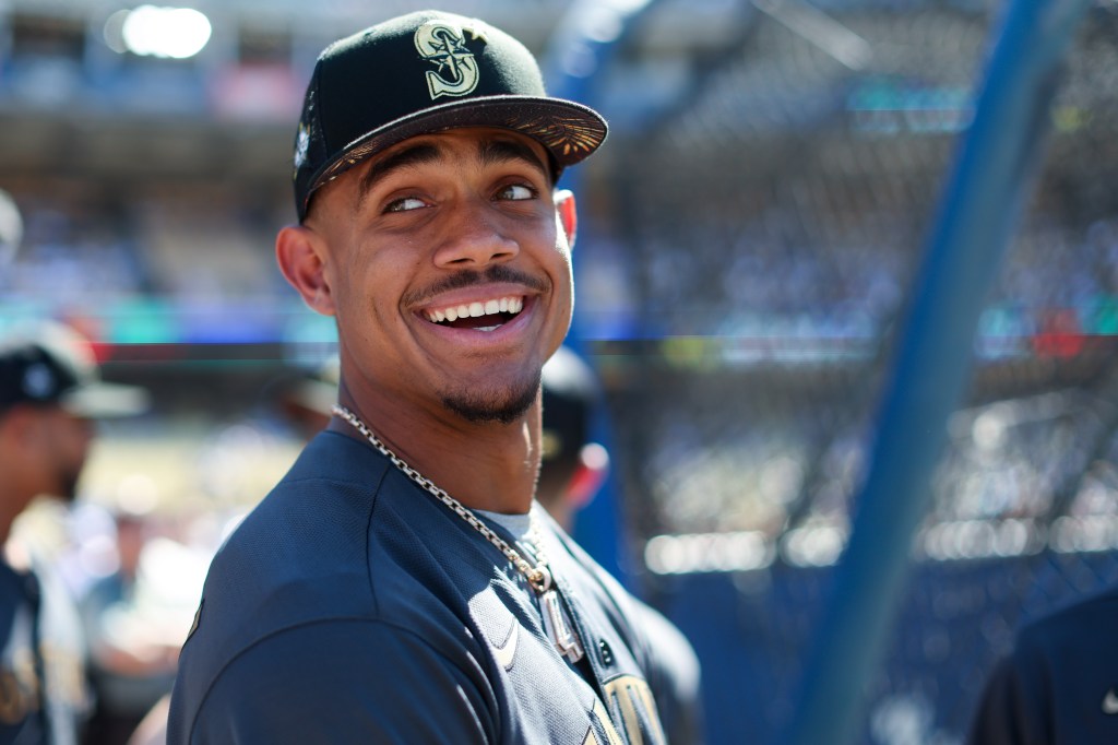 Julio Rodríguez of the Seattle Mariners looks on before the 92nd MLB All-Star Game presented by Mastercard at Dodger Stadium.