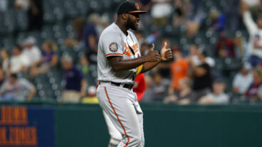 Baltimore Orioles relief pitcher Felix Bautista celebrates following the Major League Baseball game between the Baltimore Orioles and Cleveland Guardians at Progressive Field.
