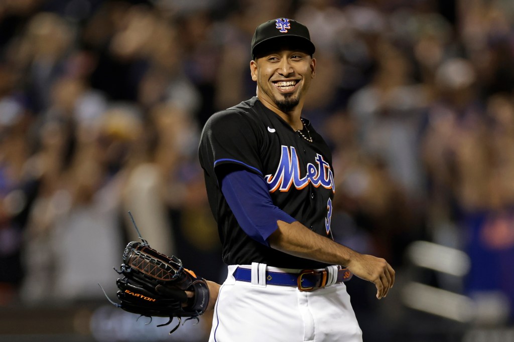 Edwin Diaz #39 of the New York Mets reacts after defeating the Pittsburgh Pirates at Citi Field on September 16, 2022.