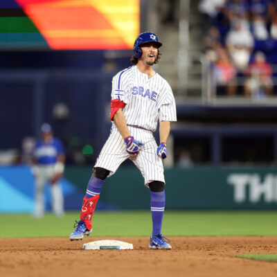 MIAMI, FL - MARCH 12: Garrett Stubbs #21 of Team Israel celebrates after hitting a two-RBI double in the eighth inning of Game 3 of Pool D between Team Nicaragua and Team Israel at loanDepot Park on Sunday, March 12, 2023 in Miami, Florida. (Photo by Rob Tringali/WBCI/MLB Photos via Getty Images)