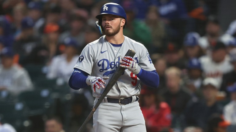 Gavin Lux of the Los Angeles Dodgers looks on while at bat against the San Francisco Giants at Oracle Park.