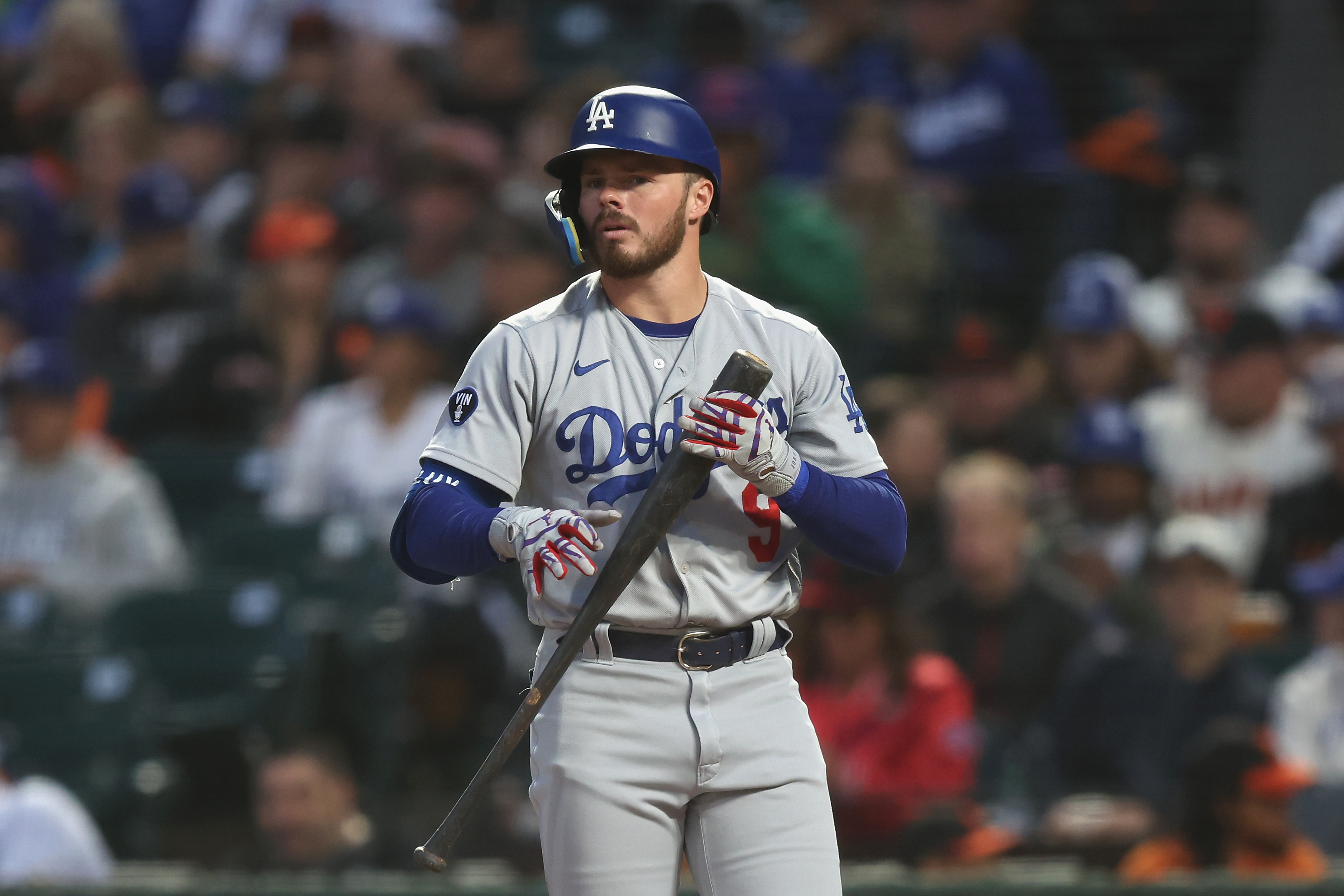 Gavin Lux of the Los Angeles Dodgers looks on while at bat against the San Francisco Giants at Oracle Park.