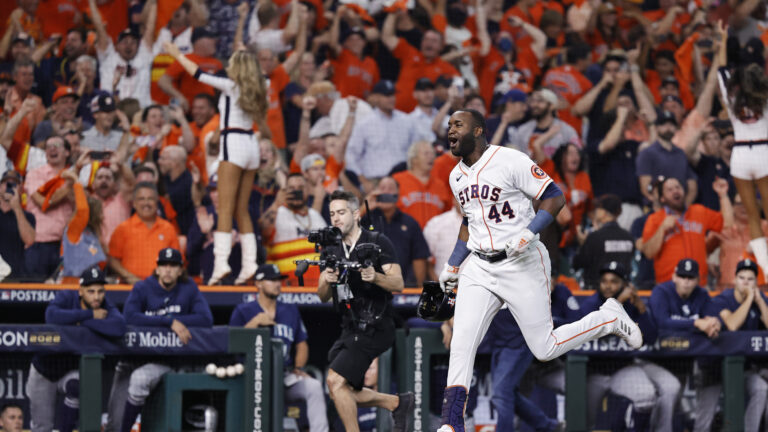Underrated superstar Yordan Alvarez of the Houston Astros celebrates after hitting a walk-off home run against the Seattle Mariners during the ninth inning in game one of the American League Division Series at Minute Maid Park.