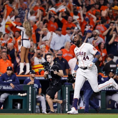 Underrated superstar Yordan Alvarez of the Houston Astros celebrates after hitting a walk-off home run against the Seattle Mariners during the ninth inning in game one of the American League Division Series at Minute Maid Park.