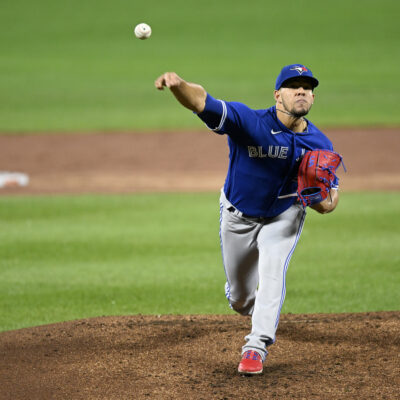 Jose Berrios of the Toronto Blue Jays pitches against the Baltimore Orioles at Oriole Park.