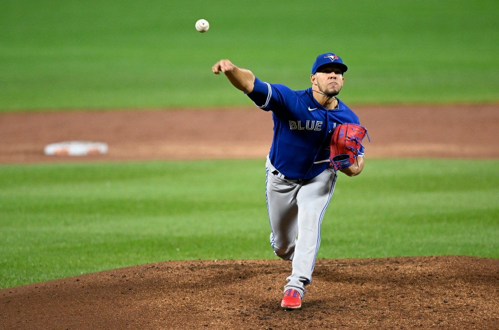 Jose Berrios of the Toronto Blue Jays pitches against the Baltimore Orioles at Oriole Park.