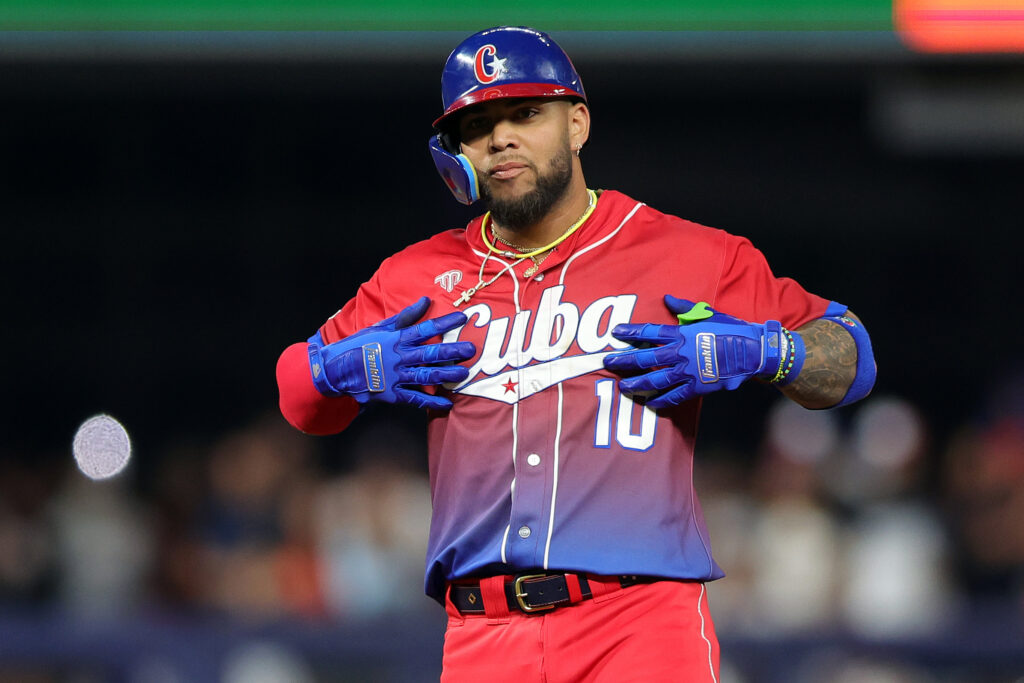 MIAMI, FLORIDA - MARCH 19: Yoan Moncada #10 of Team Cuba reacts after hitting a double in the fifth inning against Team USA during the World Baseball Classic Semifinals at loanDepot park on March 19, 2023 in Miami, Florida. (Photo by Megan Briggs/Getty Images)