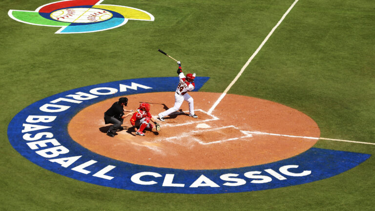 Miguel Cabrera of Venezuela gets a hit against Spain during the first round of the World Baseball Classic at Hiram Bithorn Stadium on March 10, 2013.