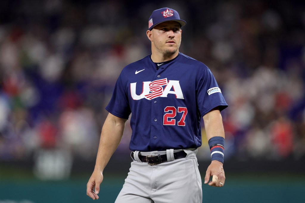Mike Trout of Team USA looks on prior to the start of the World Baseball Classic Championship against Team Japan at loanDepot park.
