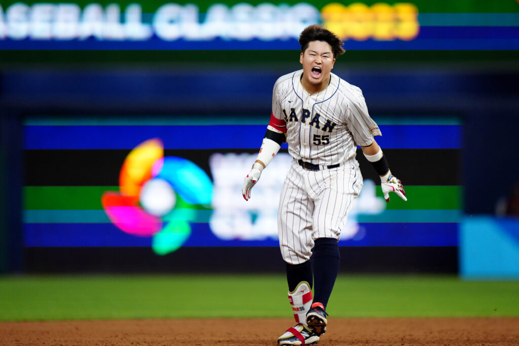 MIAMI, FL - MARCH 20: Munetaka Murakami #55 of Team Japan reacts to hitting a walk off two-run double in the ninth inning to lead Team Japan over Team Mexico in the 2023 World Baseball Classic Semifinal game at loanDepot Park on Monday, March 20, 2023 in Miami, Florida. (Photo by Daniel Shirey/WBCI/MLB Photos via Getty Images)