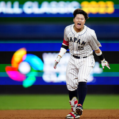 MIAMI, FL - MARCH 20: Munetaka Murakami #55 of Team Japan reacts to hitting a walk off two-run double in the ninth inning to lead Team Japan over Team Mexico in the 2023 World Baseball Classic Semifinal game at loanDepot Park on Monday, March 20, 2023 in Miami, Florida. (Photo by Daniel Shirey/WBCI/MLB Photos via Getty Images)