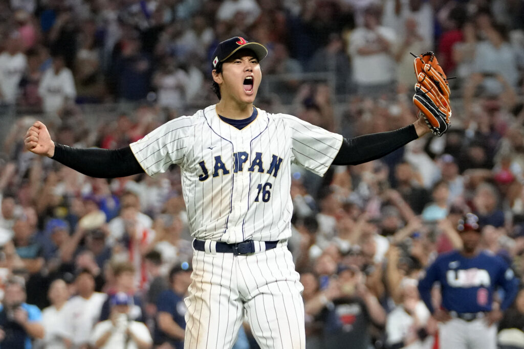 Shohei Ohtani of Team Japan reacts after the final out of the World Baseball Classic in 2023.