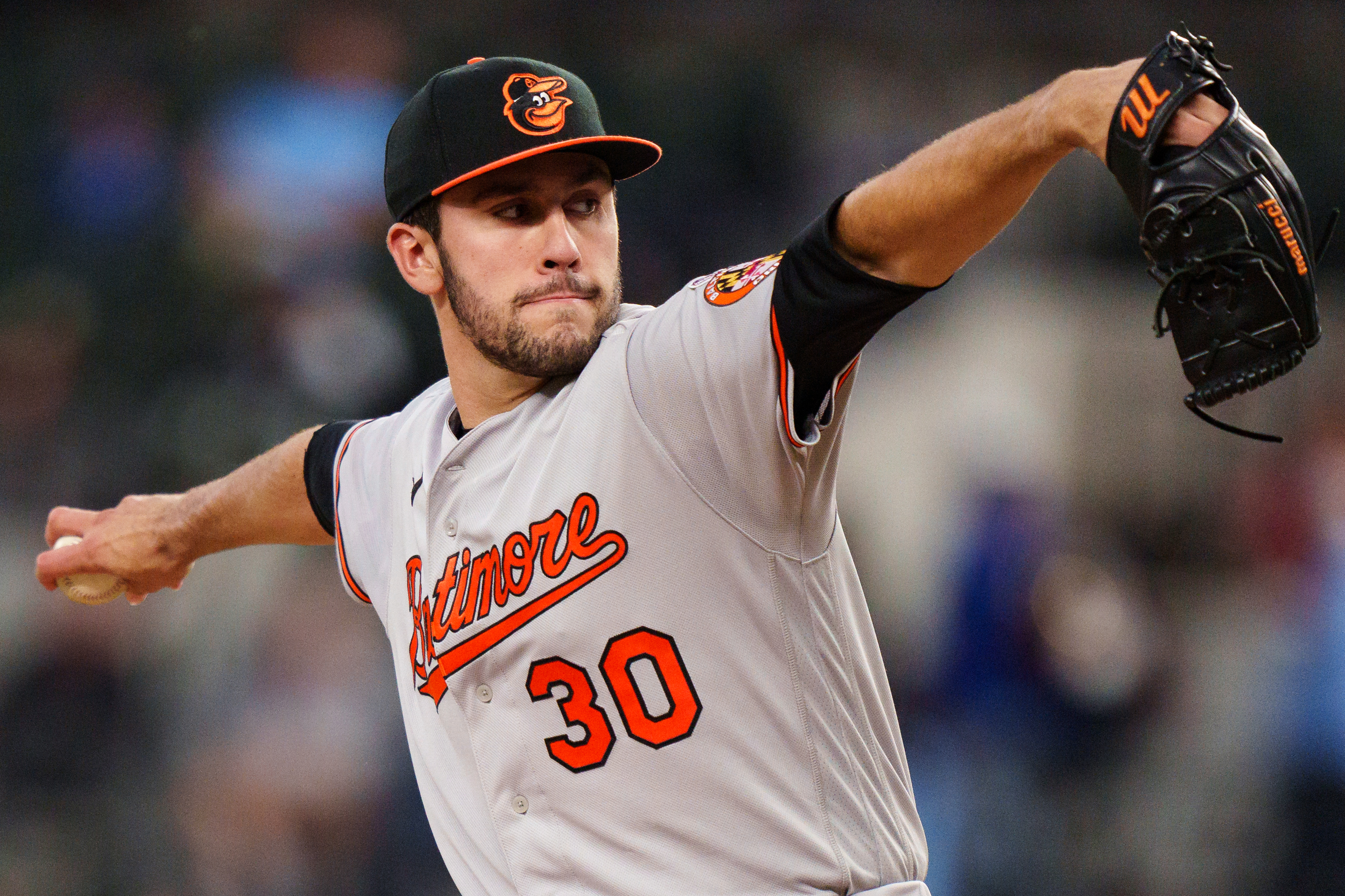 Grayson Rodriguez of the Baltimore Orioles throws a pitch during his Major League debut against the Texas Rangers at Globe Life Field.