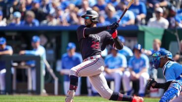 Byron Buxton #25 of the Minnesota Twins bats against the Kansas City Royals on April 2, 2023 at Kauffman Stadium.