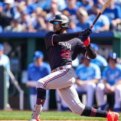 Byron Buxton #25 of the Minnesota Twins bats against the Kansas City Royals on April 2, 2023 at Kauffman Stadium.