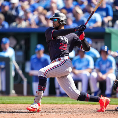 Byron Buxton #25 of the Minnesota Twins bats against the Kansas City Royals on April 2, 2023 at Kauffman Stadium.
