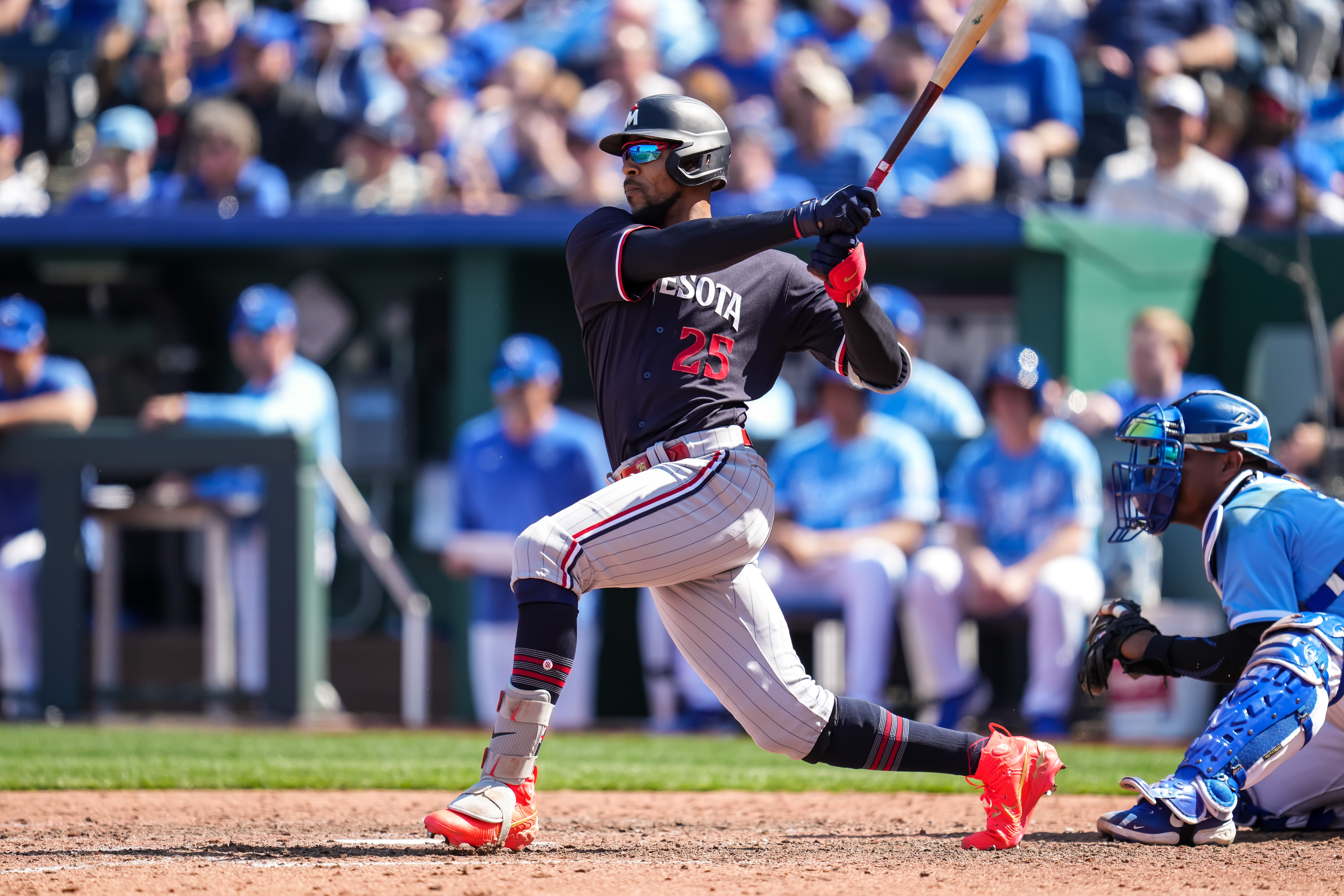 Byron Buxton #25 of the Minnesota Twins bats against the Kansas City Royals on April 2, 2023 at Kauffman Stadium.