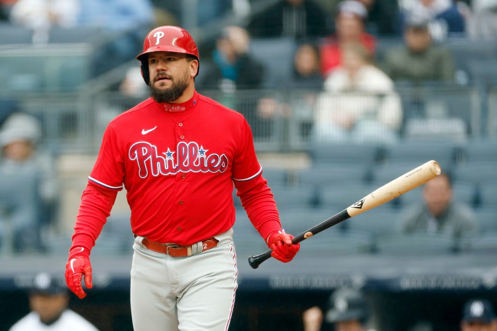 Designated hitter Kyle Schwarber #12 of the Philadelphia Phillies at bat during the first inning against the New York Yankees at Yankee Stadium on April 05, 2023 in the Bronx borough of New York City.