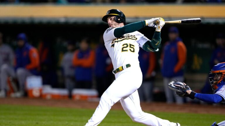 Brent Rooker of the Oakland Athletics bats against the New York Mets in the bottom of the fourth inning of a major league baseball game at RingCentral Coliseum.