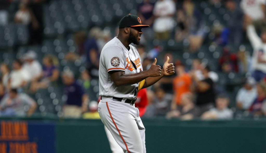 Baltimore Orioles relief pitcher Felix Bautista celebrates following the Major League Baseball game between the Baltimore Orioles and Cleveland Guardians at Progressive Field.