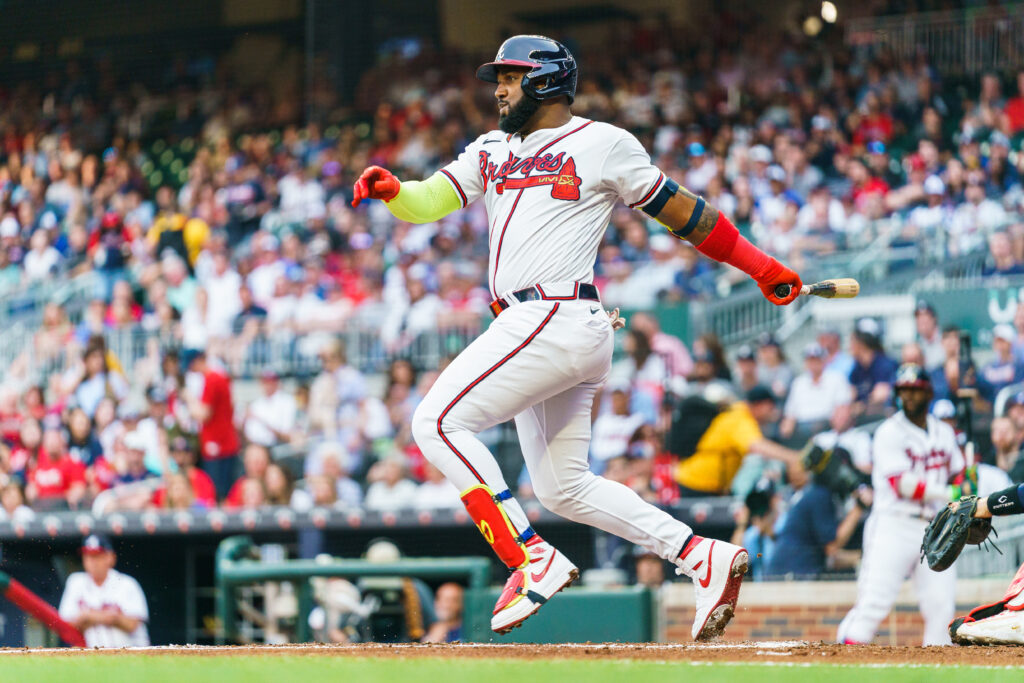 ATLANTA, GA - MAY 7: Marcell Ozuna #20 of the Atlanta Braves hits into an RBI fielder's choice during the first inning during the game between the Atlanta Braves and the Boston Red Sox at Truist Park on May 7, 2023 in Atlanta, Georgia. (Photo by Matthew Grimes Jr./Atlanta Braves/Getty Images)