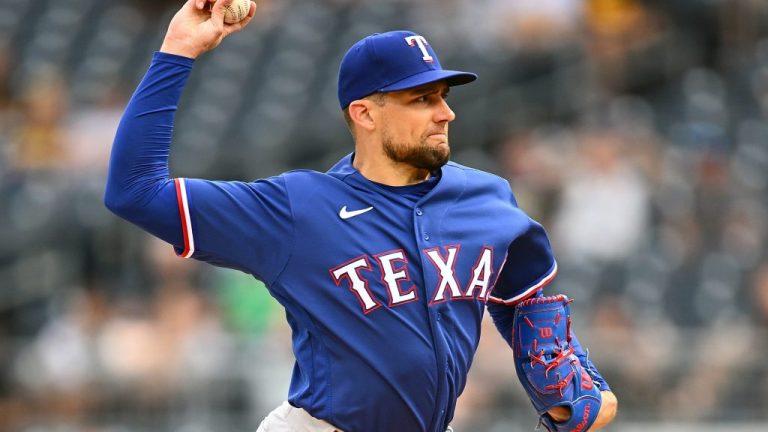 Nathan Eovaldi #17 of the Texas Rangers pitches during the first inning against the Pittsburgh Pirates at PNC Park.
