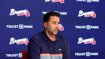 Atlanta Braves president, Alex Anthopoulos attends a press conference speaking about Austin Rileys contract extension and recent trades prior to the game against the Philadelphia Phillies at Truist Park.
