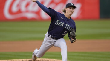 Bryce Miller of the Seattle Mariners making his major league debut pitches against the Oakland Athletics in the bottom of the first inning at RingCentral Coliseum.