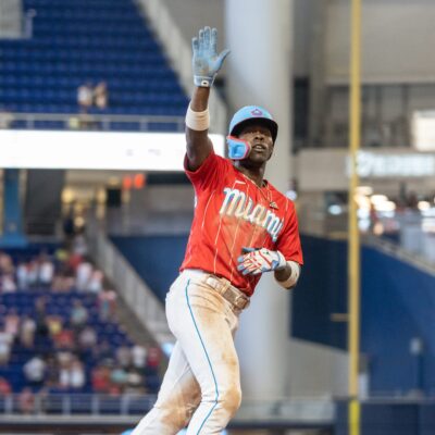 Jazz Chisholm Jr. of the Miami Marlins waves to fans after hitting a home run during the sixth inning against the Cincinnati Reds at loanDepot park.