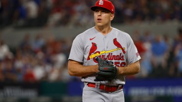 Ryan Helsley #56 of the St. Louis Cardinals looks on after the final out against the Texas Rangers at Globe Life Field.