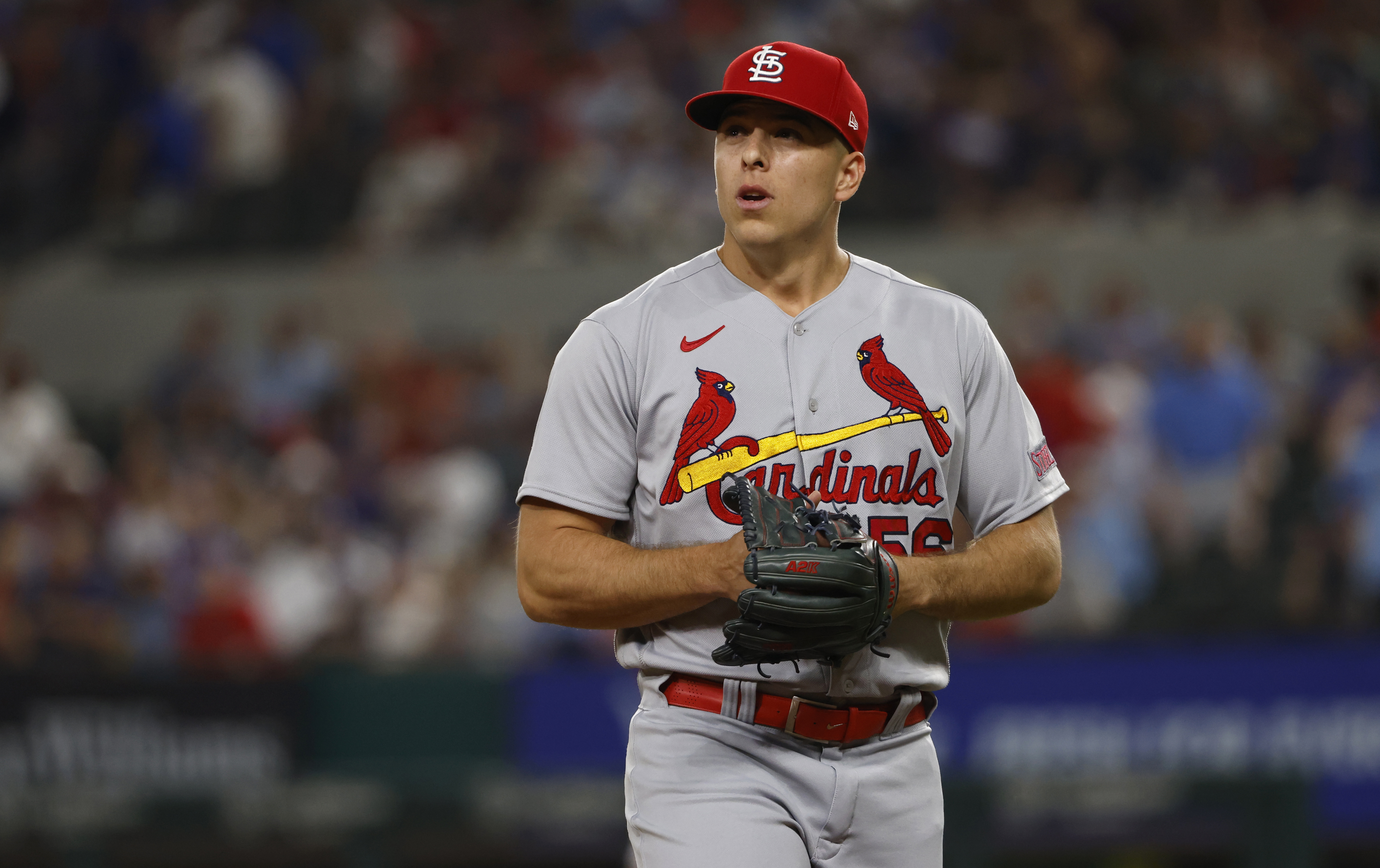 Ryan Helsley #56 of the St. Louis Cardinals looks on after the final out against the Texas Rangers at Globe Life Field.