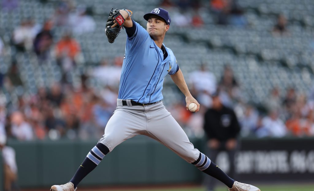 Starting pitcher Shane McClanahan of the Tampa Bay Rays works the first inning against the Baltimore Orioles at Oriole Park at Camden Yards.