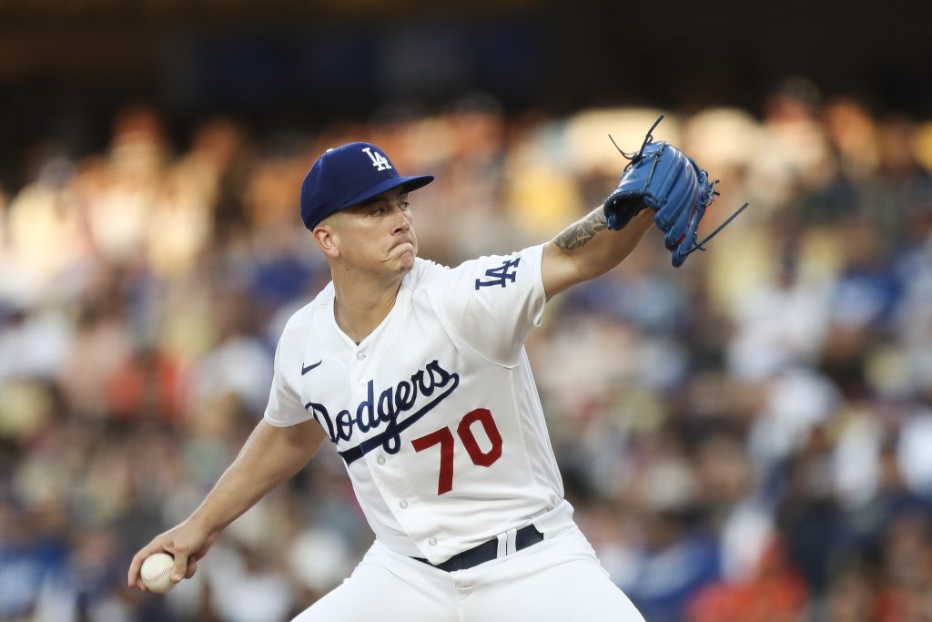 Bobby Miller #70 of the Los Angeles Dodgers pitches in the fifth inning against the San Francisco Giants at Dodger Stadium.