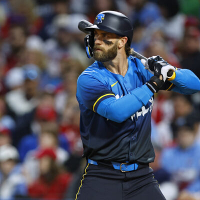 Bryce Harper of the Philadelphia Phillies in action against the Pittsburgh Pirates during a game at Citizens Bank Park.