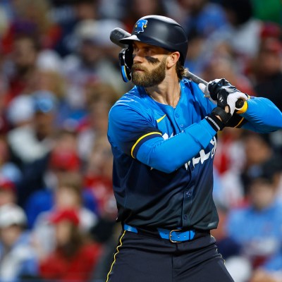 Bryce Harper of the Philadelphia Phillies in action against the Pittsburgh Pirates during a game at Citizens Bank Park.