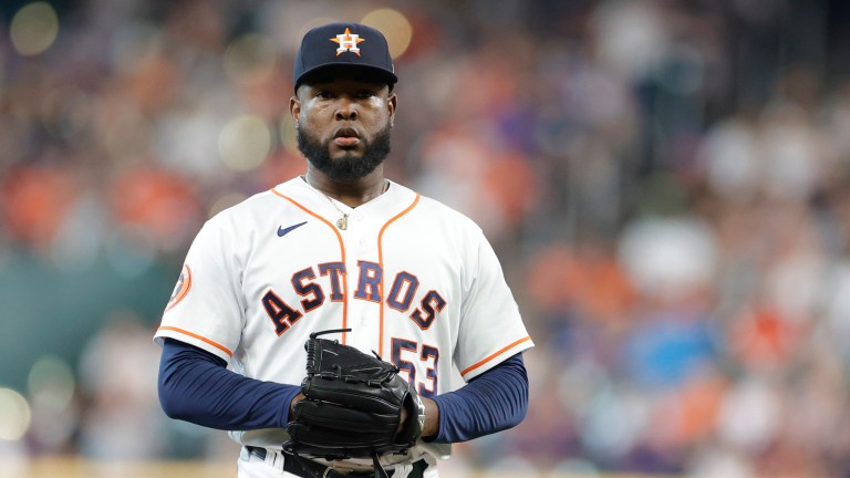 Cristian Javier of the Houston Astros looks on during the first inning against the New York Mets at Minute Maid Park.